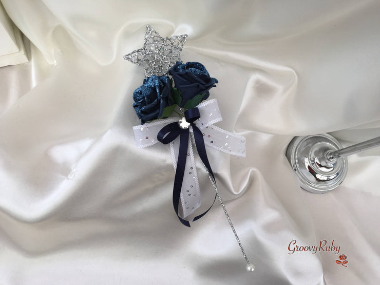 Navy Glitter Rose With Silver Babies Breath