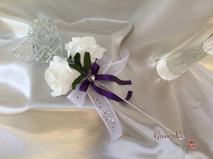 White & Cadbury Purple Centred Calla Lilies With Roses & Crystal Butterfly Brooch