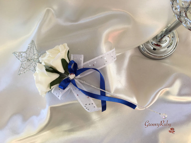 Royal Blue & Ivory Rose Crystal With Ivory Pearl Babies Breath
