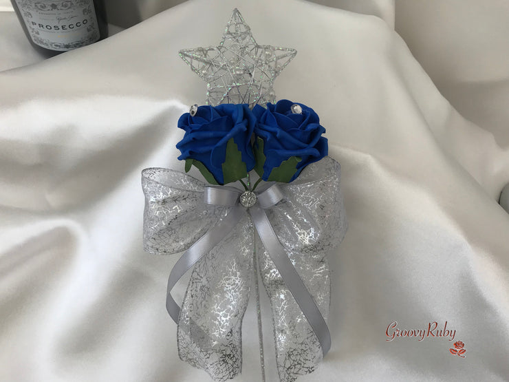Royal Blue & Ivory Rose With Silver & Crystal Butterfly
