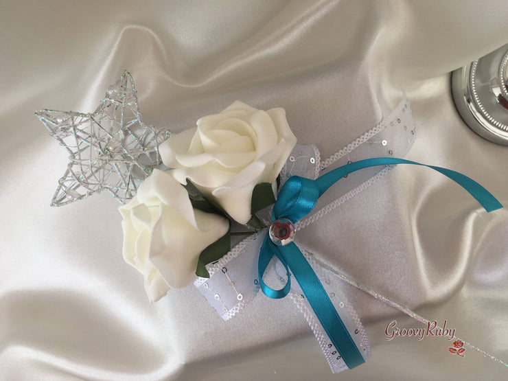 Turquoise & Ivory Rose Crystal With Ivory Pearl Babies Breath