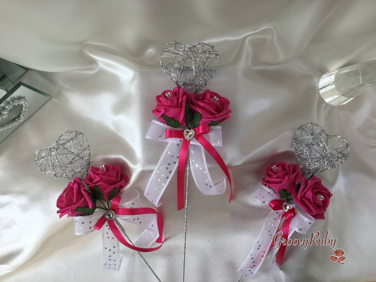 Hot Pink Rose & Calla Lily With Pearls & Diamante Heart Brooch