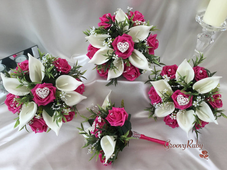 Hot Pink Rose & Calla Lily With Pearls & Diamante Heart Brooch