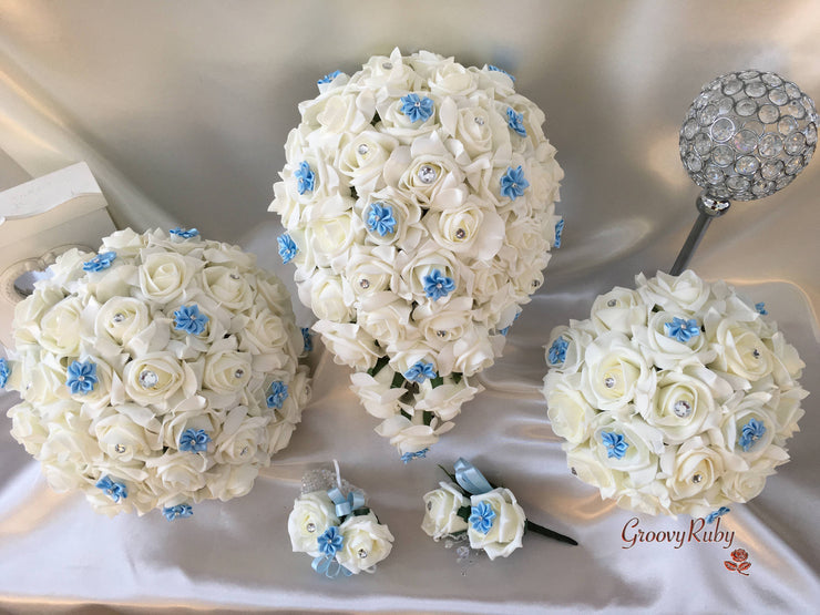 Rose Bouquets With Baby Blue Satin Diamante Flowers