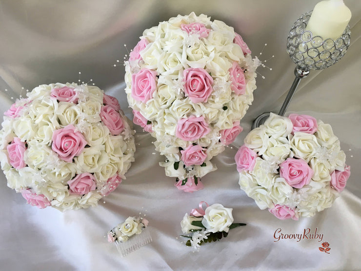 Baby Pink & Ivory Rose Crystal With Ivory Pearl Babies Breath