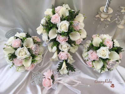 Blush Pink Rose & Large Ivory Calla Lilies With Crystal Butterfly Brooch