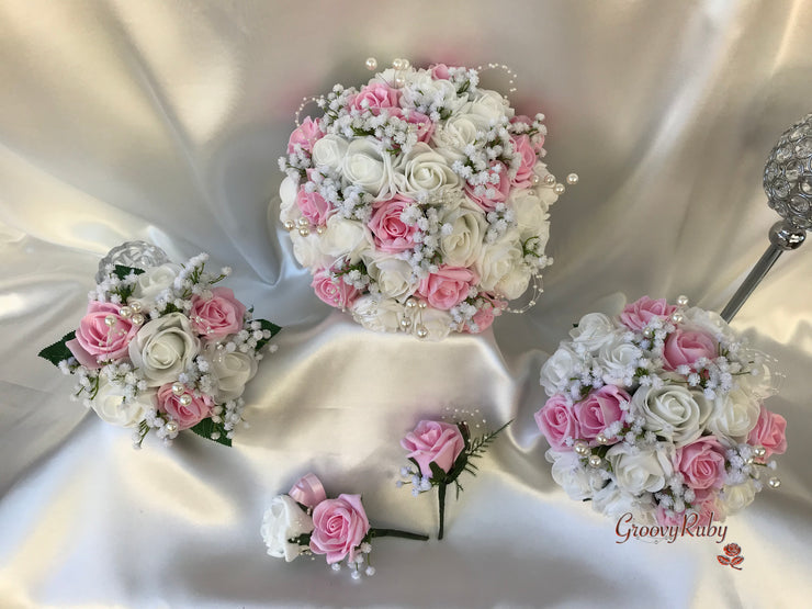 Baby Pink & Ivory Roses With Gypsophila & Pearl Sprays