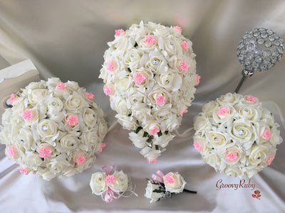 Rose Bouquets With Baby Pink Satin Diamante Flowers