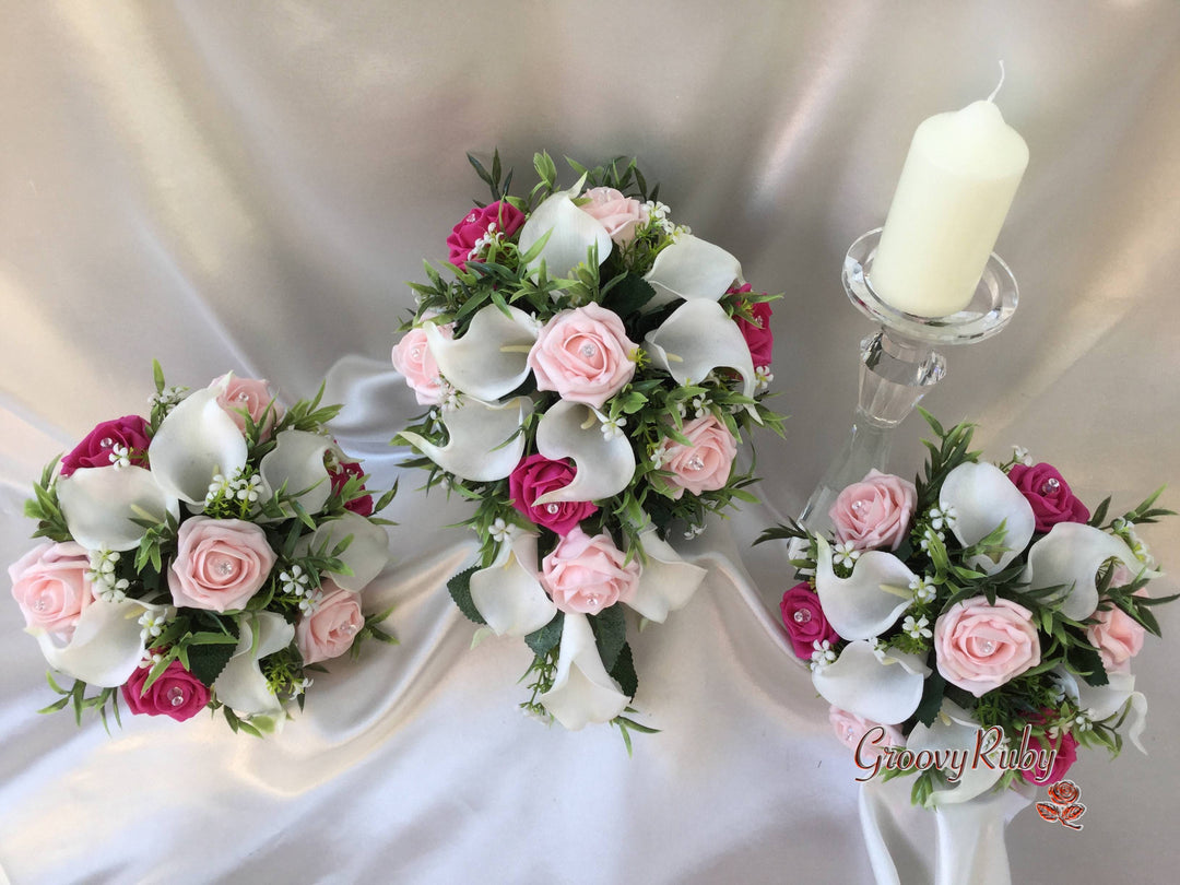 pink roses and white calla lily bouquet Hot Pink & Baby Pink Rose & Large White Calla Lily – GroovyRuby Ltd
