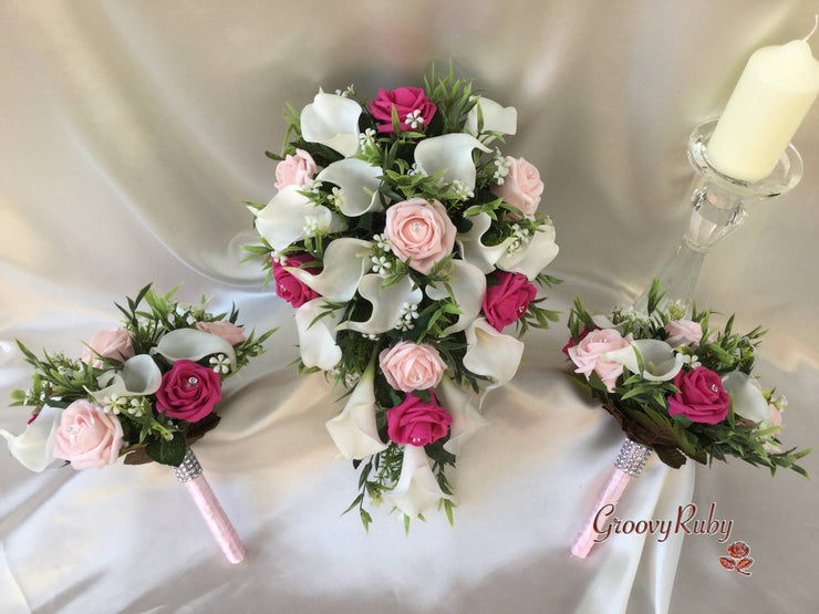 Hot Pink & Baby Pink Rose & Large White Calla Lily