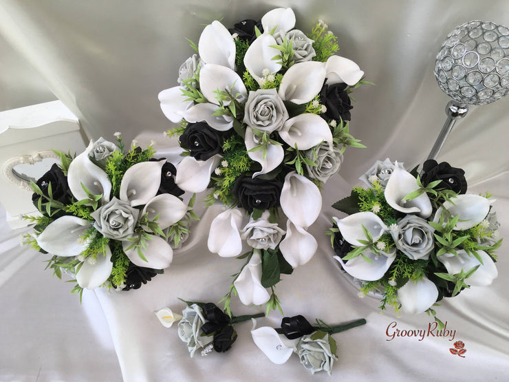 Silver & Black Rose & Large White Calla Lily