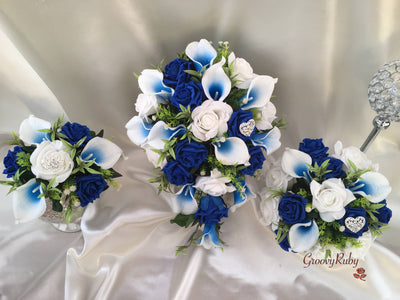 White & Blue Centred Calla Lilies With Roses & Heart Brooch