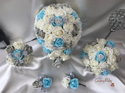 Baby Blue, Silver & Ivory Roses With Delicate Heart Brooch