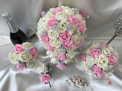 Baby Pink & Ivory Rose With Silver & Crystal Butterfly