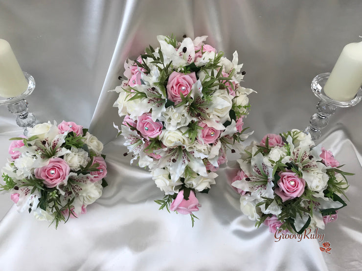 Small Tiger Lilies & Baby Pink Roses With Foliage