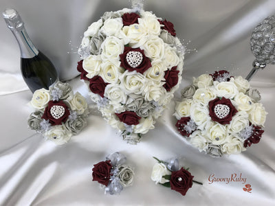 Burgundy & Silver Roses With Delicate Heart Brooch