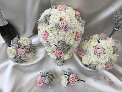 Dusky Pink & Silver Roses With Delicate Heart Brooch