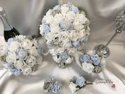 Ice Blue, Silver & White Roses With Delicate Heart Brooch