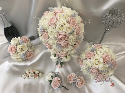 Mocha Pink & Ivory Rose With Silver & Crystal Butterfly