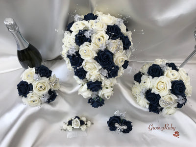 Navy & Ivory Rose With Silver & Crystal Butterfly