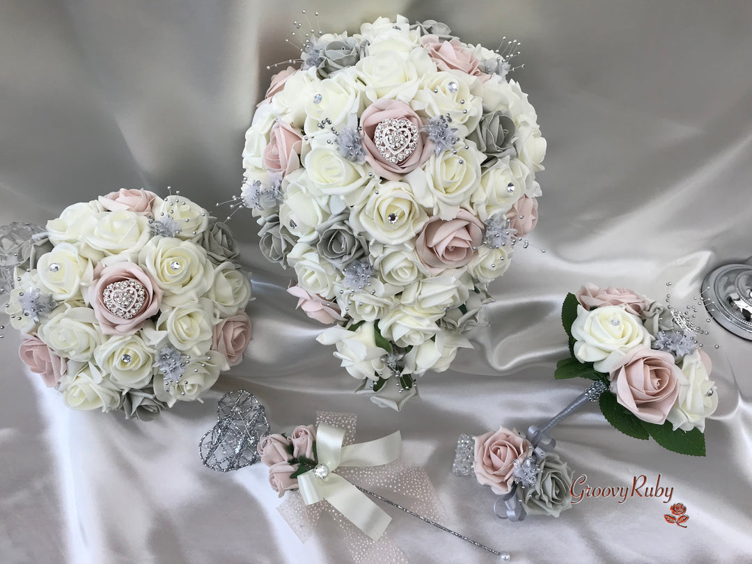Mocha Pink Silver Roses With Delicate Heart Brooch