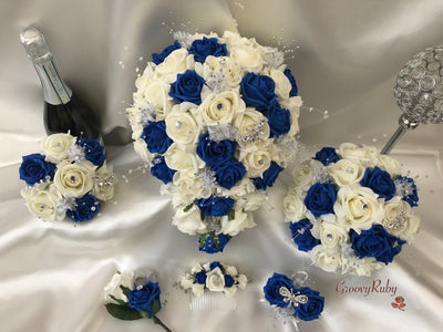 Royal Blue & Ivory Rose With Silver & Crystal Butterfly