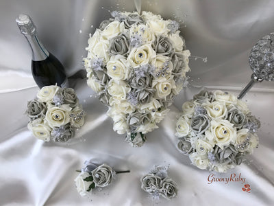 Grey & Ivory Rose With Silver & Crystal Butterfly