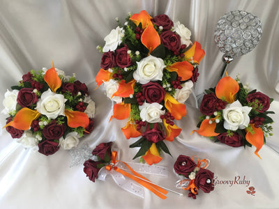 Ivory Glitter Rose, Orange Calla Lily, Burgundy Rose & Berries