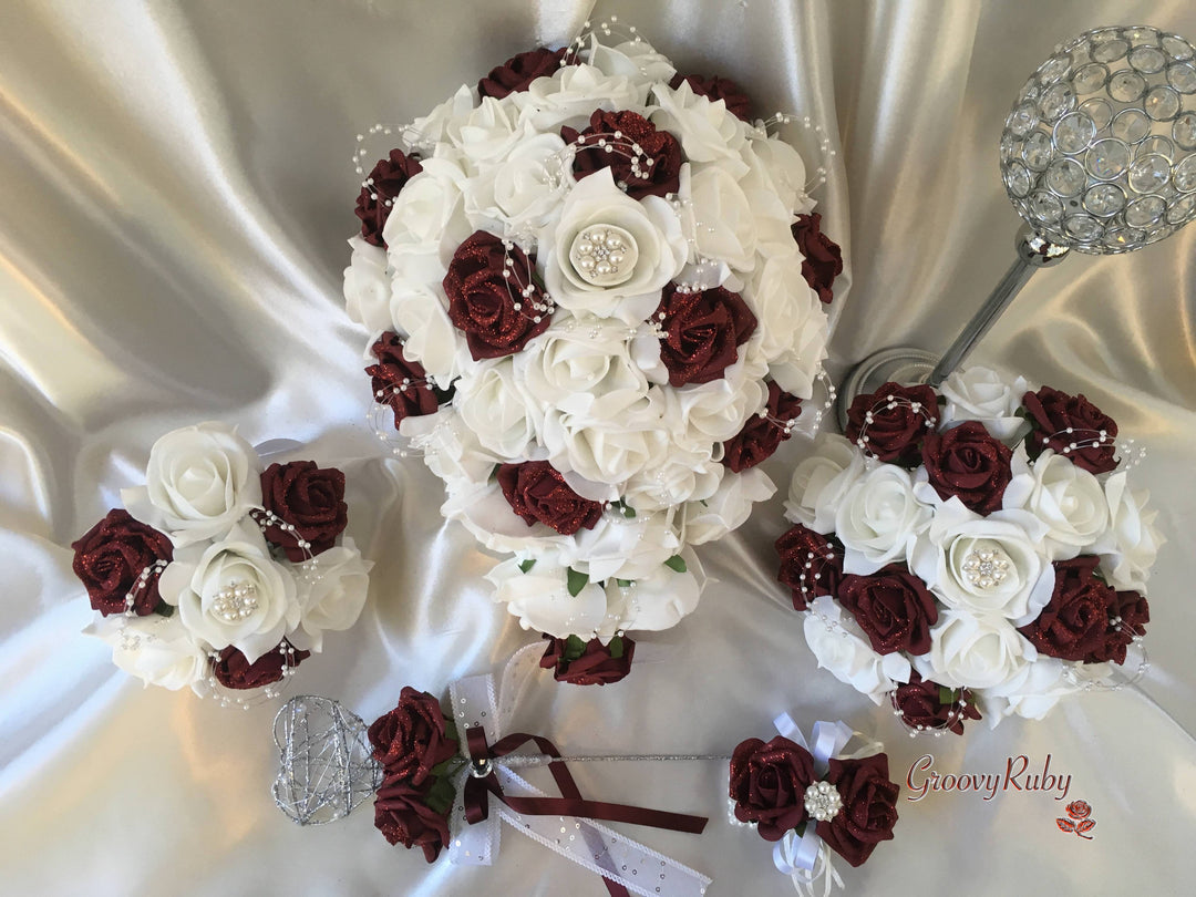 Burgundy Glitter Rose With Pearls Pearl Diamante Brooch GroovyRuby Ltd