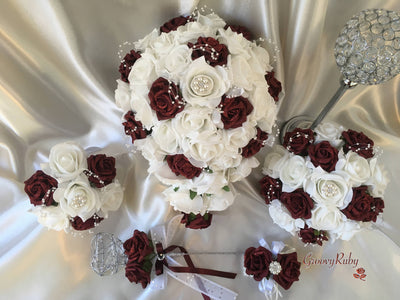 Burgundy Glitter Rose With Pearls & Pearl Diamante Brooch
