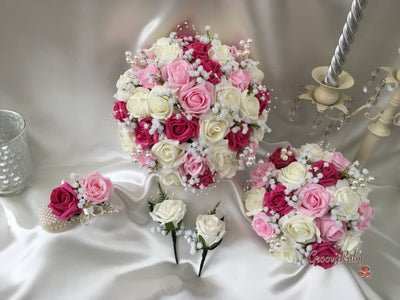 Baby Pink, Hot Pink & Ivory Roses With Gypsophila, Pearl Loops & Pearl Sprays