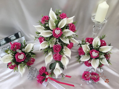 Hot Pink Rose & Calla Lily With Pearls & Diamante Heart Brooch