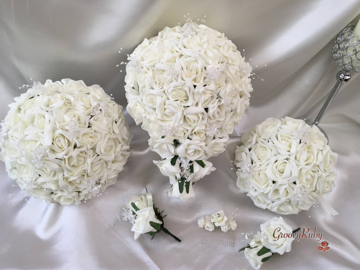 Ivory Rose Crystal With Ivory Pearl Babies Breath