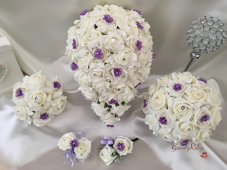 Rose Bouquets With Lilac Satin Diamante Flowers