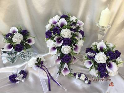 White & Cadbury Purple Centred Calla Lilies With Roses & Crystal Butterfly Brooch