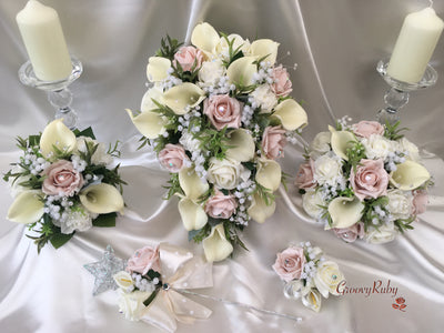 Mocha Pink Roses & Ivory Carnations With Calla Lily & Gypsophila