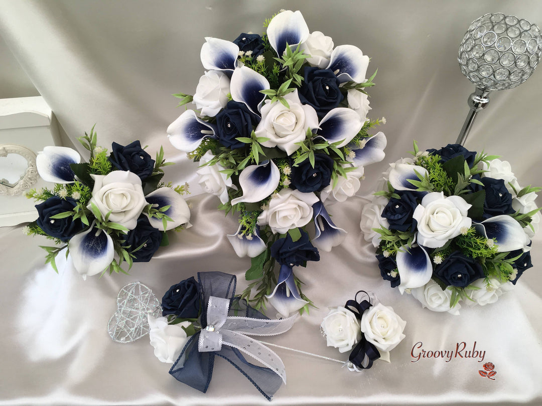 navy blue and white calla lily White & Navy Centred Calla Lilies With Roses – GroovyRuby Ltd
