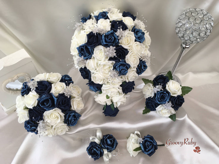 Navy Glitter Rose With Silver Babies Breath