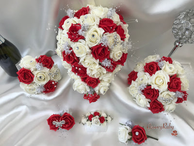 Red & Ivory Rose With Silver & Crystal Butterfly