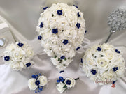 Rose Bouquets With Royal Blue Satin Diamante Flowers