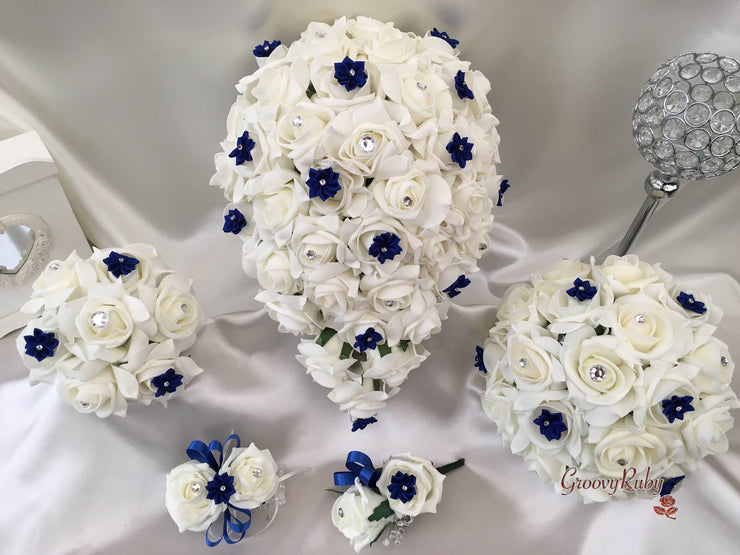 Rose Bouquets With Royal Blue Satin Diamante Flowers