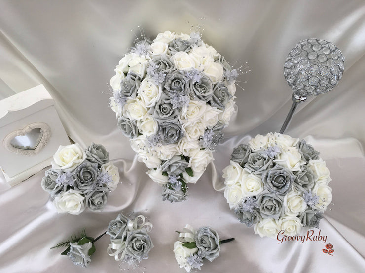 Silver Glitter Rose With Silver Babies Breath