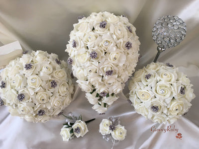 Rose Bouquets With Silver Satin Diamante Flowers