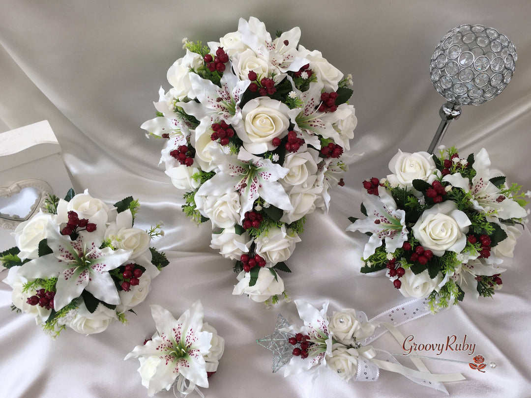 wedding bouquets with tiger lilies Small Tiger Lilies & Ivory Roses With Berries – GroovyRuby Ltd