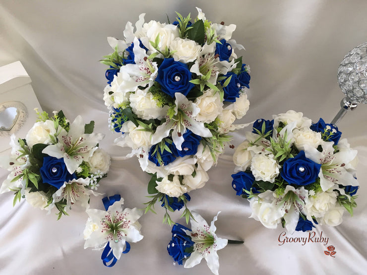 Small Tiger Lilies & Royal Blue Roses With Foliage