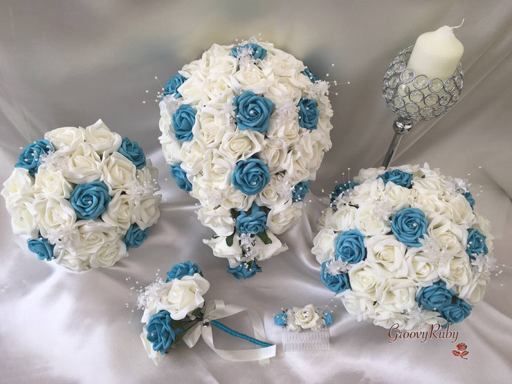 Turquoise & Ivory Rose Crystal With Ivory Pearl Babies Breath
