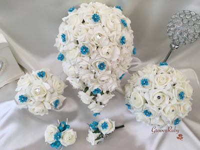 Rose Bouquets With Turquoise Satin Diamante Flowers