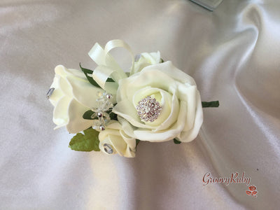 Large Ladies Pin On Corsage With Crystal Spray & Ribbon - Colour Combination Of Your Choice
