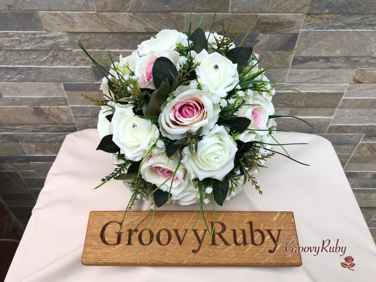 Pink Centre Silk & Ivory Roses With Gypsophila *Limited Edition*