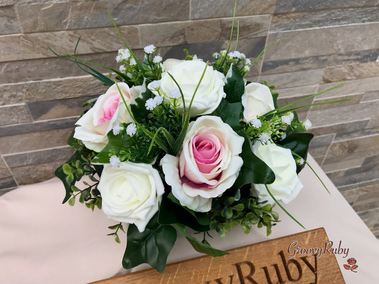 Pink Centre Silk & Ivory Roses With Gypsophila *Limited Edition*